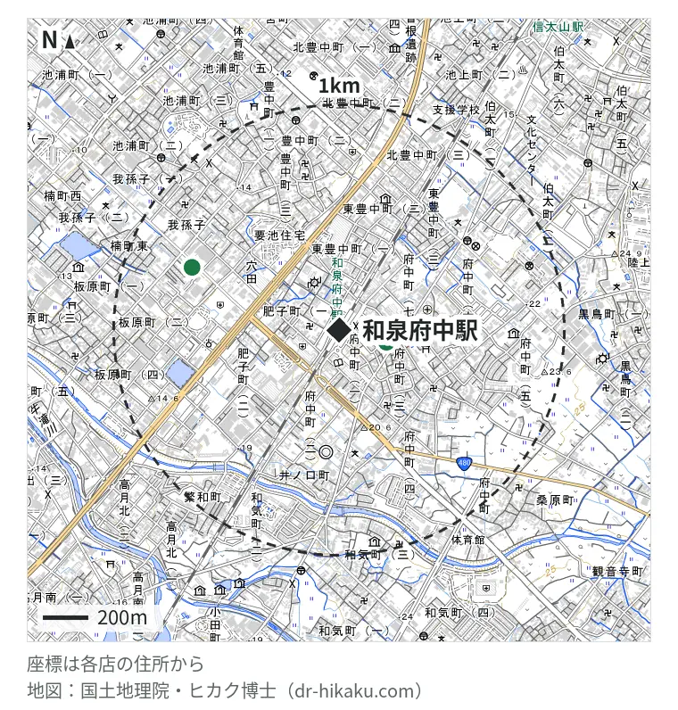 和泉府中駅周辺（1km以内）のiPhone修理店 2店の位置図：エコ・トップ 和泉府中本店 217m、compass 705m