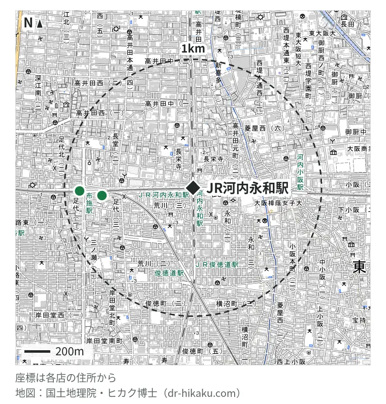 JR河内永和駅周辺（1km以内）のiPhone修理店 2店の位置図：スマホRisE 布施店 706m、スマホスピタル 東大阪ロンモール布施店 876m