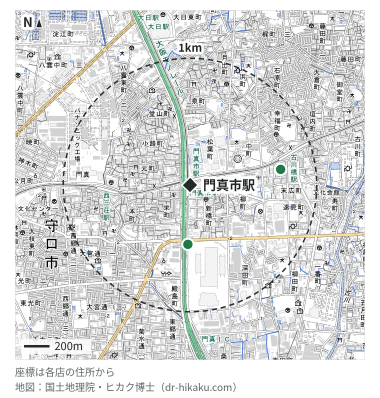 門真市駅周辺（1km以内）のiPhone修理店 2店の位置図：スマプラ ららぽーと門真店 422m、スマートリペア 門真古川橋店 697m