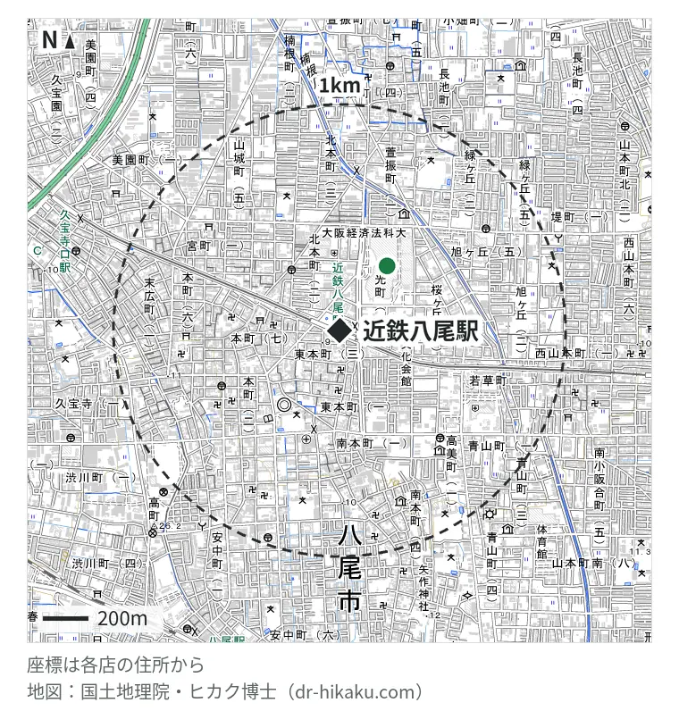 近鉄八尾駅周辺（1km以内）のiPhone修理店 2店の位置図：スマホ修理工房 リノアス八尾店 164m、スマートクール アリオ八尾店 352m