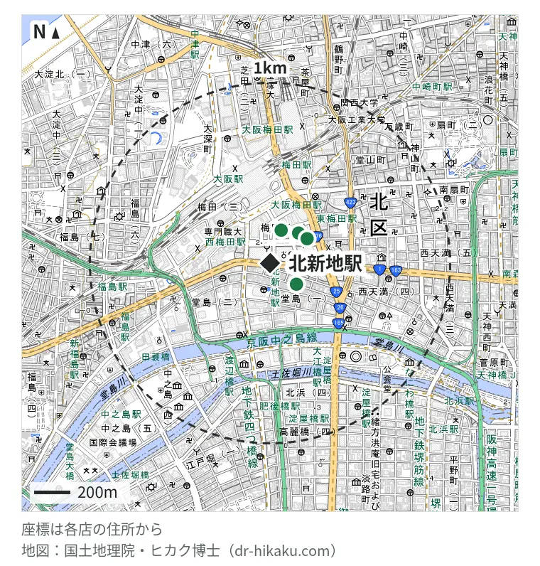 北新地駅周辺（1km以内）のiPhone修理店 5店の位置図：ダイワンテレコム 梅田店 13m、じゃんぱら 大阪堂島店 187m、スマホ修理工房 ディアモール大阪店 192m、スマートまっくす 大阪梅田店 229m、モバイル修理救急便 大阪駅前第4ビル店 245m