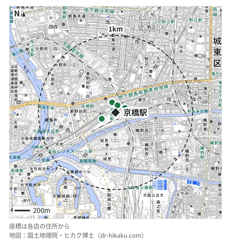 京橋駅周辺(1km以内)のiPhone修理店 4店の位置図:SmaphoBox 京橋店 47m、スマホスピタル 京橋店 81m、モバイル修理救急便 京橋京阪モール店 85m、スマホRisE 京橋店 159m