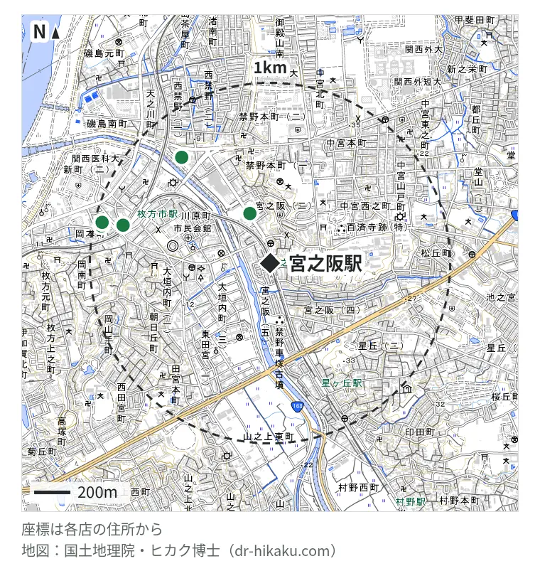 宮之阪駅周辺（1km以内）のiPhone修理店 5店の位置図：iPhone修理アイサポ 枚方店 294m、スマートリペア 枚方市駅前店 759m、SmaphoBox 枚方店 837m、スマホスピタル ビオルネ枚方店 951m、iCrackedStore 枚方ビオルネ 953m