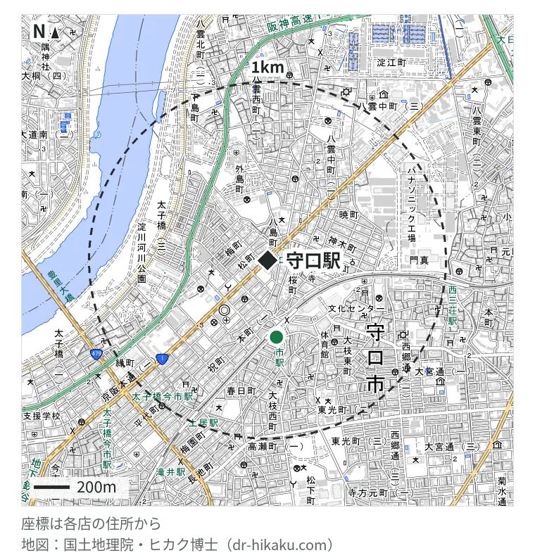 守口駅周辺（1km以内）のiPhone修理店 2店の位置図：キャプテンスマホ 守口駅前店 422m、スマートリペア 守口店 432m