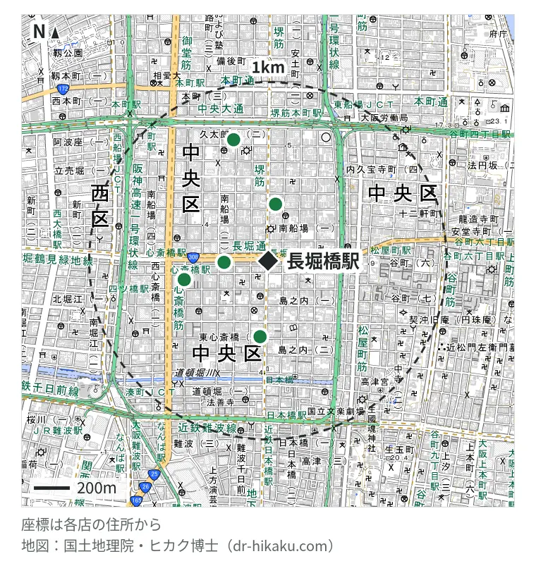 長堀橋駅周辺（1km以内）のiPhone修理店 5店の位置図：iPhone修理アイサポ 心斎橋店 239m、スマホドック24 大阪長堀橋店 280m、SmaphoBox ミナミ店 388m、iCrackedStore ハンズ心斎橋 463m、ケイワンインターナショナル 667m