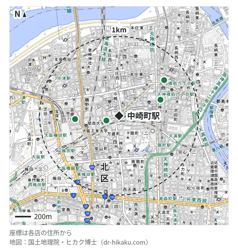 中崎町駅周辺（1km以内）のiPhone修理店 4店の位置図：i-charm 梅田本店 168m、スマホクリニック ホワイティうめだ店 552m、すまほ屋天神橋 556m、スマートクリア 天神橋筋六丁目駅前店 720m
