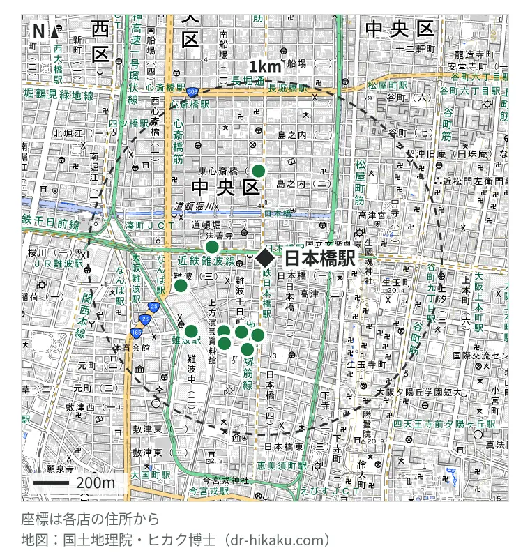 日本橋駅周辺（1km以内）のiPhone修理店 9店の位置図：スマホ修理工房 大阪なんばウォーク店 298m、じゃんぱら 大阪本店 412m、あいプロ なんば日本橋店 412m、じゃんぱら 大阪なんば店 450m、SmaphoBox ミナミ店 470m、モバイル修理救急便 なんばマルイ店 480m、スキルワン なんば本店 499m、スマホ修理王 なんば店 508m、カメラのキタムラ Apple製品修理サービス大阪・なんばCITY店 559m