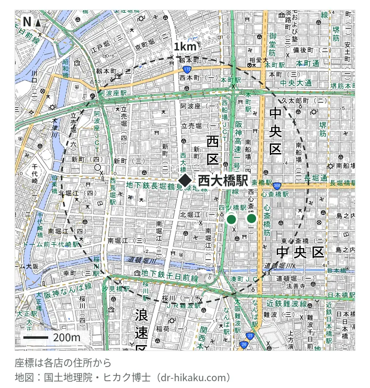西大橋駅周辺(1km以内)のiPhone修理店 3店の位置図:アイケアラボ 心斎橋店 477m、モバイル修理救急便 心斎橋店 488m、スマホ修理王 大阪心斎橋店 618m
