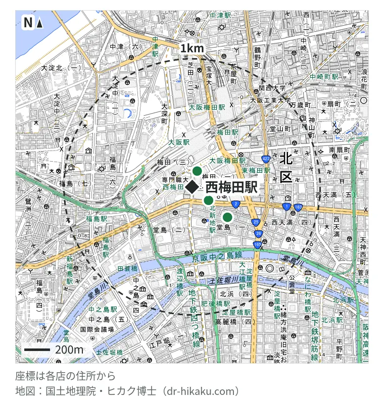 西梅田駅周辺（1km以内）のiPhone修理店 3店の位置図：スマホスピタル by デジホ 梅田地下（うめちか） 130m、ダイワンテレコム 梅田店 165m、じゃんぱら 大阪堂島店 362m