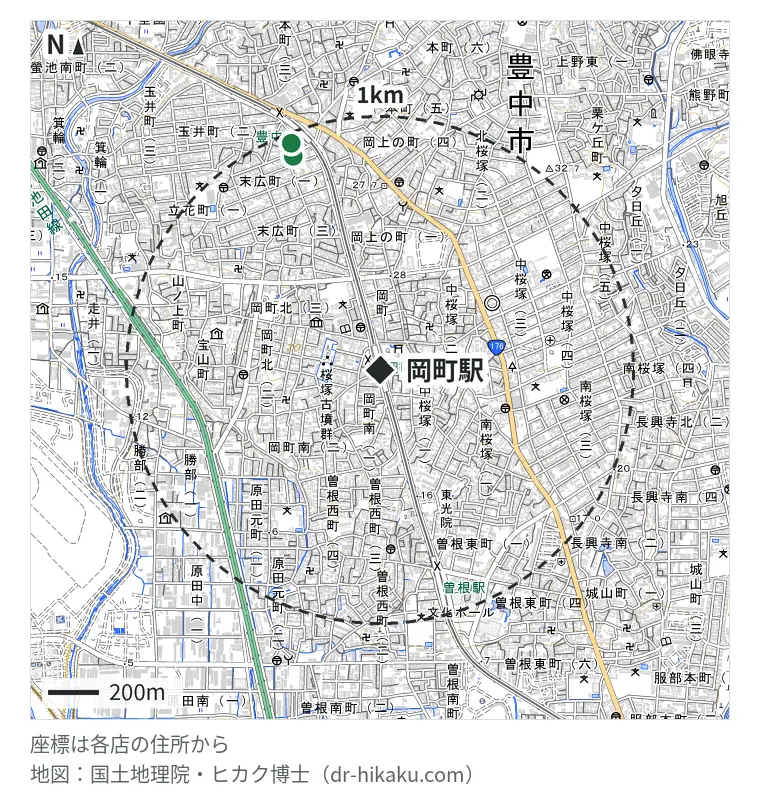 岡町駅周辺（1km以内）のiPhone修理店 2店の位置図：スマートリペア 豊中駅前店 905m、スマートクール エトレとよなか店 955m
