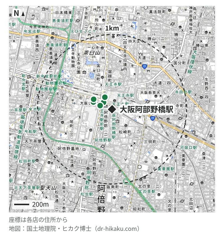 大阪阿部野橋駅周辺（1km以内）のiPhone修理店 5店の位置図：モバイル修理救急便 天王寺あべのハルカス店 146m、スマートクール あべのキューズモール店 166m、スマホスピタル 天王寺ミオ店 186m、SmaphoBox 天王寺店 266m、スマホ修理王 天王寺店 277m