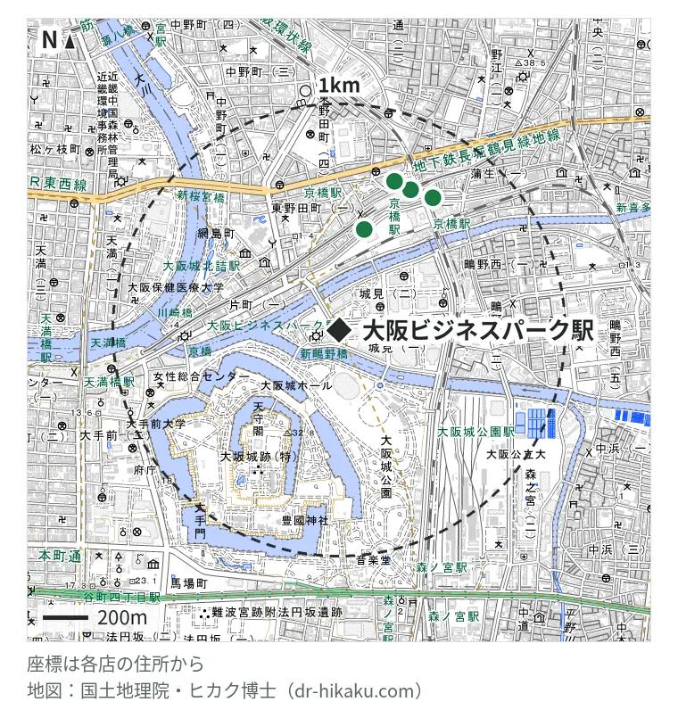 大阪ビジネスパーク駅周辺（1km以内）のiPhone修理店 4店の位置図：スマホRisE 京橋店 457m、モバイル修理救急便 京橋京阪モール店 693m、スマホスピタル 京橋店 698m、SmaphoBox 京橋店 712m