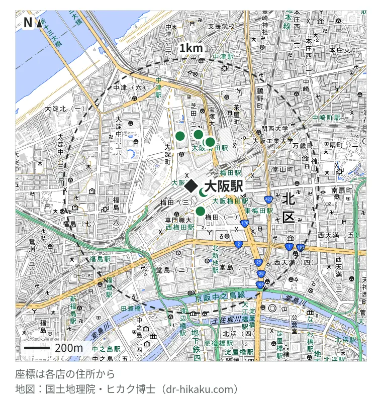大阪駅周辺（1km以内）のiPhone修理店 6店の位置図：モバイル修理救急便 大丸梅田店 53m、スマホスピタル by デジホ 梅田地下（うめちか） 180m、スマホスピタル 大阪梅田店 366m、iCrackedStore グランフロント大阪 372m、スマホ修理王 大阪梅田店 373m、スマフォドクター 梅田店(SmaphoCustom大阪梅田店) 400m