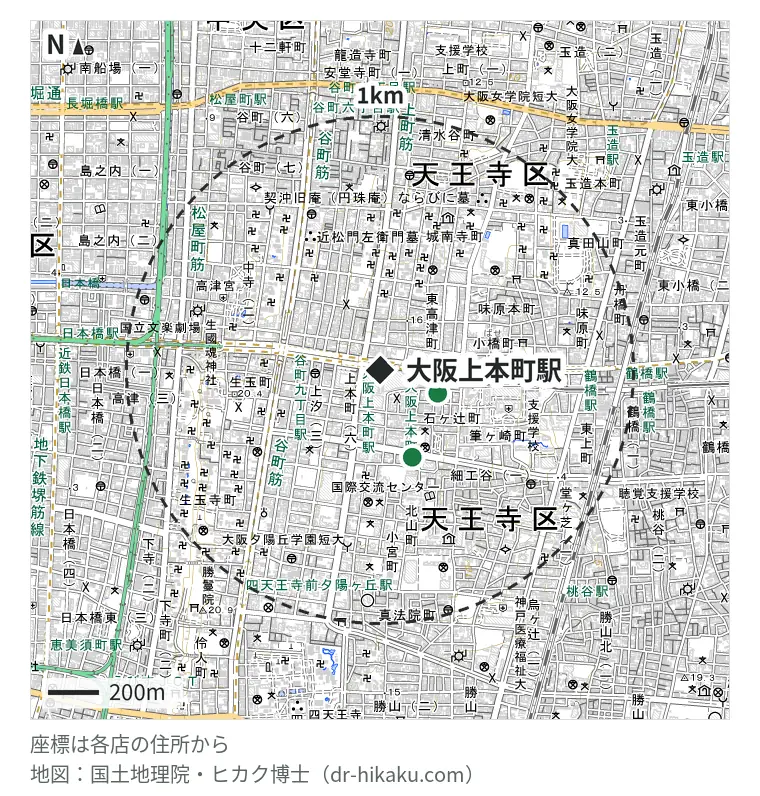 大阪上本町駅周辺（1km以内）のiPhone修理店 2店の位置図：フェイズ 谷町九丁目店 199m、Glasscoo ドン・キホーテ上本町店 336m
