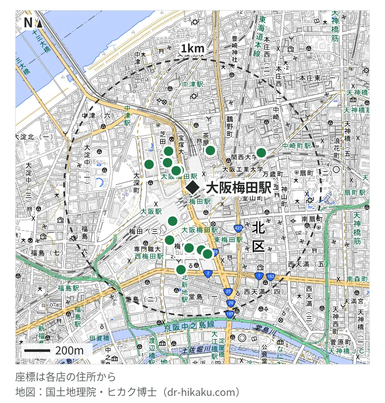 大阪梅田駅周辺（1km以内）のiPhone修理店 14店の位置図：モバイル修理救急便 大丸梅田店 95m、スマホ修理王 大阪梅田店 120m、スマホスピタル 大阪梅田店 144m、スマホスピタル by デジホ 梅田地下（うめちか） 154m、スマホクリニック ホワイティうめだ店 158m、スマホ修理工房 ディアモール大阪店 172m、スマフォドクター 梅田店(SmaphoCustom大阪梅田店) 215m、スマートまっくす 大阪梅田店 231m、スマホ修理 まえはま 梅田店 241m、SmaphoBox 大阪梅田本店 272m、モバイル修理救急便 大阪駅前第4ビル店 284m、ダイワンテレコム 梅田店 337m、iCrackedStore グランフロント大阪 355m、i-charm 梅田本店 495m