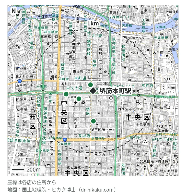 堺筋本町駅周辺（1km以内）のiPhone修理店 4店の位置図：iPhone即日修理屋さん 堺筋本町店 59m、ケイワンインターナショナル 260m、SmileFix 413m、スマホドック24 大阪長堀橋店 452m