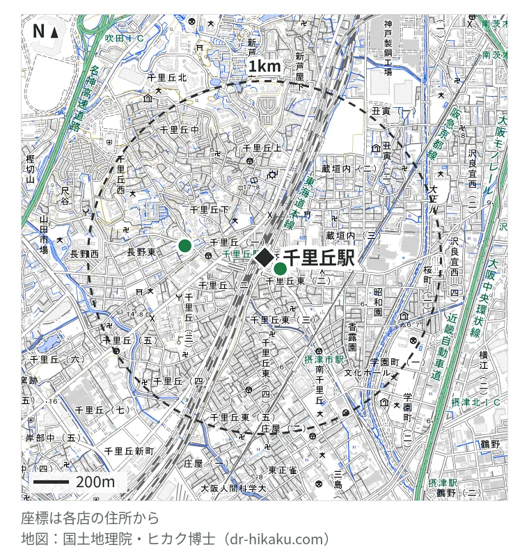 千里丘駅周辺（1km以内）のiPhone修理店 2店の位置図：iphone修理Factory＋ 109m、スマートファボ 吹田店（Support-Mobile） 453m
