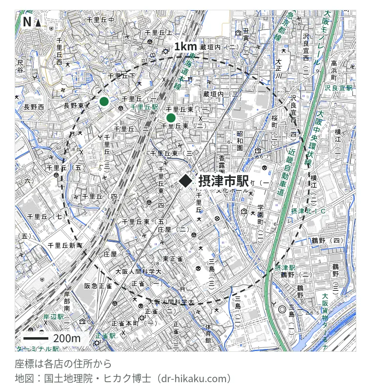 摂津市駅周辺（1km以内）のiPhone修理店 2店の位置図：iphone修理Factory＋ 518m、スマートファボ 吹田店（Support-Mobile） 911m