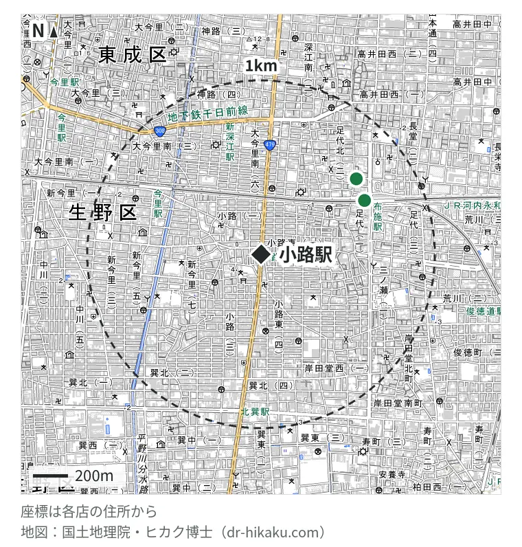小路駅周辺（1km以内）のiPhone修理店 2店の位置図：スマホスピタル 東大阪ロンモール布施店 667m、リンゴ屋 東大阪布施店 695m