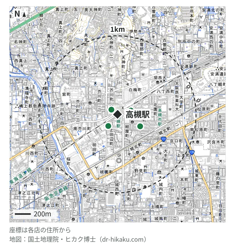 高槻駅周辺（1km以内）のiPhone修理店 4店の位置図：テレスマ アル・プラザ高槻店 98m、アイプラス 高槻グリーンプラザ店 175m、スマホ修理工房 高槻店 189m、フジ・ジャパン 高槻町本店 326m