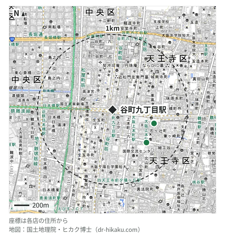 谷町九丁目駅周辺（1km以内）のiPhone修理店 2店の位置図：フェイズ 谷町九丁目店 521m、Glasscoo ドン・キホーテ上本町店 566m