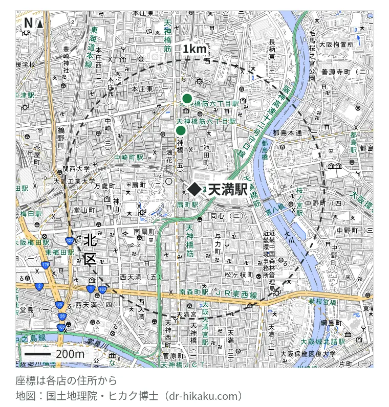 天満駅周辺（1km以内）のiPhone修理店 2店の位置図：すまほ屋天神橋 462m、スマートクリア 天神橋筋六丁目駅前店 698m