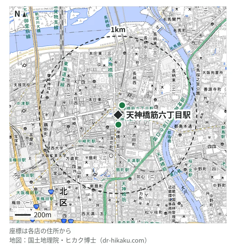 天神橋筋六丁目駅周辺（1km以内）のiPhone修理店 2店の位置図：スマートクリア 天神橋筋六丁目駅前店 72m、すまほ屋天神橋 106m