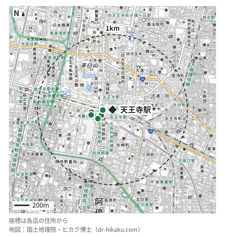 天王寺駅周辺(1km以内)のiPhone修理店 5店の位置図:モバイル修理救急便 天王寺あべのハルカス店 116m、スマホスピタル 天王寺ミオ店 131m、スマートクール あべのキューズモール店 162m、スマホ修理王 天王寺店 244m、SmaphoBox 天王寺店 250m