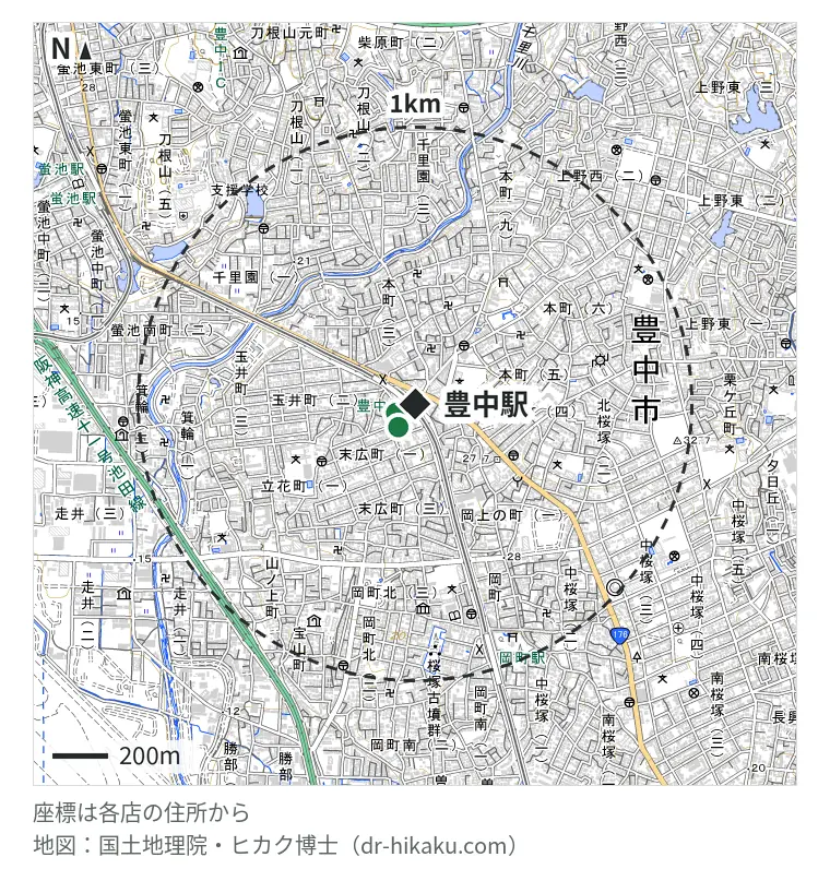豊中駅周辺（1km以内）のiPhone修理店 2店の位置図：スマートクール エトレとよなか店 75m、スマートリペア 豊中駅前店 103m