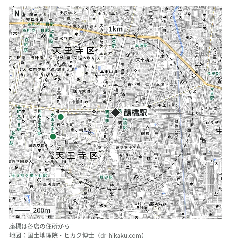 鶴橋駅周辺（1km以内）のiPhone修理店 2店の位置図：フェイズ 谷町九丁目店 600m、Glasscoo ドン・キホーテ上本町店 774m