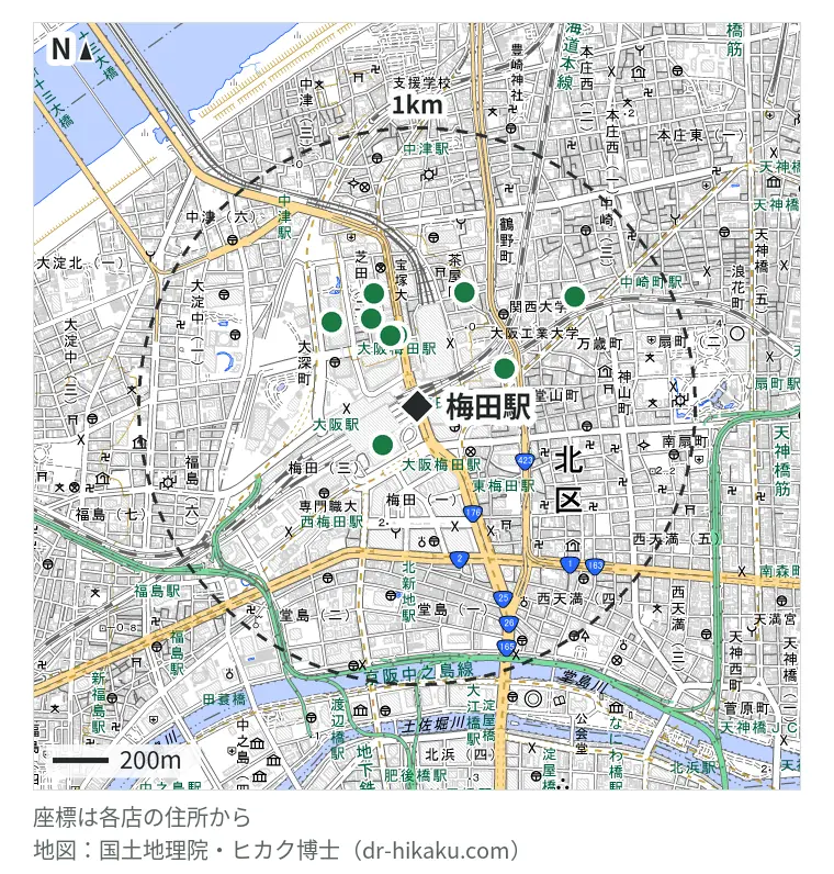 梅田駅周辺（1km以内）のiPhone修理店 9店の位置図：モバイル修理救急便 大丸梅田店 186m、スマホ修理王 大阪梅田店 264m、スマホスピタル 大阪梅田店 268m、SmaphoBox 大阪梅田本店 341m、スマフォドクター 梅田店(SmaphoCustom大阪梅田店) 353m、iCrackedStore グランフロント大阪 429m、スマホ修理 まえはま 梅田店 431m、スマホクリニック ホワイティうめだ店 442m、i-charm 梅田本店 686m