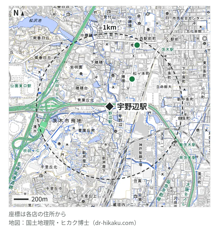 宇野辺駅周辺（1km以内）のiPhone修理店 2店の位置図：スマートクール イオンモール茨木店 483m、オリスマ JR茨木店 916m