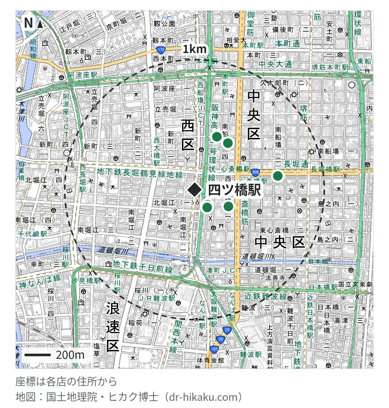 四ツ橋駅周辺（1km以内）のiPhone修理店 7店の位置図：アイケアラボ 心斎橋店 153m、モバイル修理救急便 心斎橋店 168m、スマホ修理王 大阪心斎橋店 290m、iCrackedStore ハンズ心斎橋 418m、スマホ修理工房 心斎橋店 438m、スマートクール クリスタ長堀 440m、iPhone修理アイサポ 心斎橋店 647m