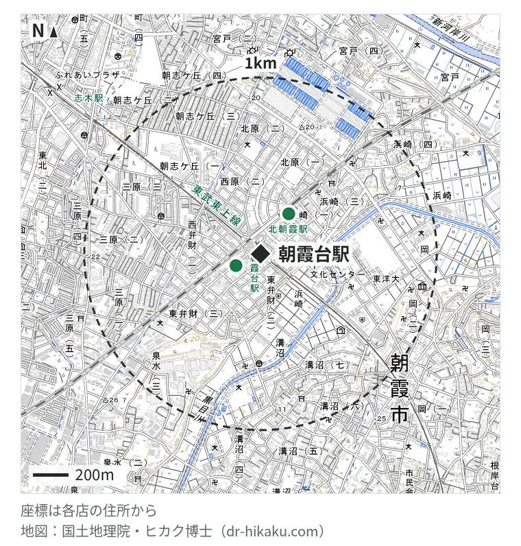 朝霞台駅周辺（1km以内）のiPhone修理店 2店の位置図：iPhone修理アイサポ 朝霞台店 153m、iPhoneお直し本舗 埼玉県朝霞台店 276m