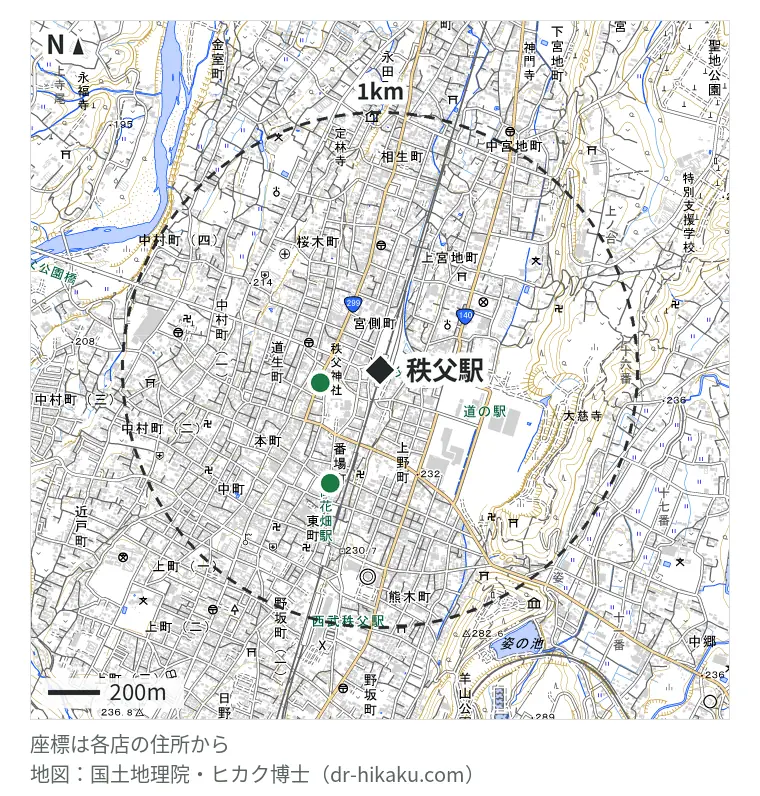 秩父駅周辺（1km以内）のiPhone修理店 2店の位置図：モバイル修理.jp 秩父店 235m、iPhone即日修理屋さん 秩父店 478m