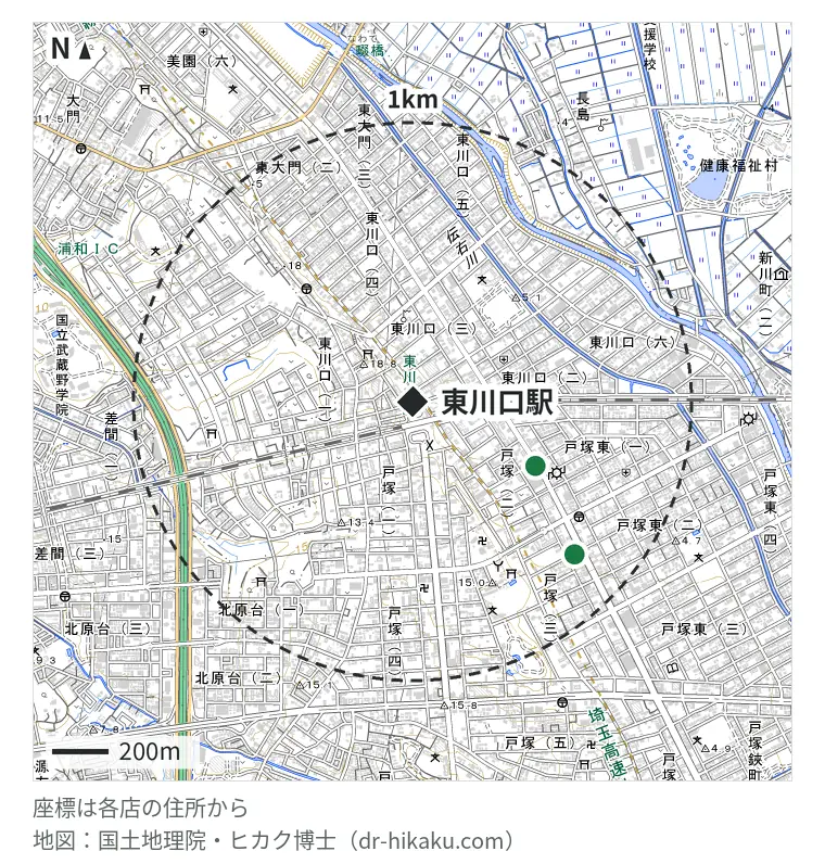 東川口駅周辺（1km以内）のiPhone修理店 2店の位置図：スマホスピタル テルル東川口店 446m、iPhone修理アイサポ 東川口店 727m