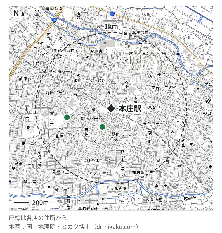 本庄駅周辺（1km以内）のiPhone修理店 3店の位置図：岩本屋 本庄店(移動式) 144m、モバイル修理.jp 本庄店 270m、スマホ修理工房 キホーテUNY本庄店 593m
