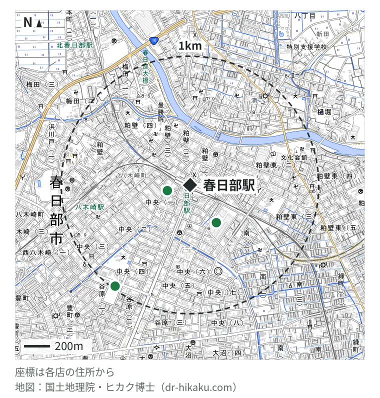 春日部駅周辺（1km以内）のiPhone修理店 3店の位置図：iPhone修理アイサポ 春日部店 167m、スマプラ ララガーデン春日部店 356m、スマホ修理工房 春日部店 960m