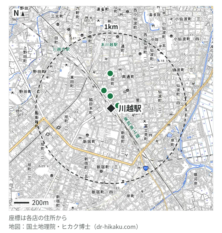 川越駅周辺（1km以内）のiPhone修理店 5店の位置図：カメラのキタムラ Apple製品修理サービス川越・川越マイン店 96m、モバイル修理救急便 アトレ川越店 133m、スマホ修理ジャパン 川越店 226m、じゃんぱら 川越クレアモール店 433m、スマホ修理工房 川越クレアモール店 433m