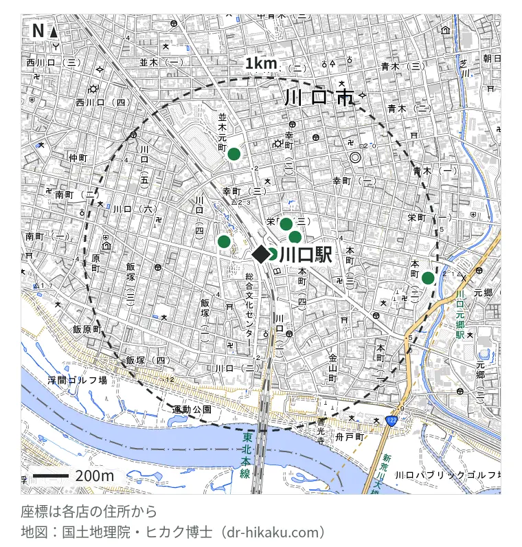 川口駅周辺（1km以内）のiPhone修理店 6店の位置図：iPhone修理アイサポ 川口店 59m、クイックリペア 215m、モバイル修理救急便 川口駅前店 220m、スマホ修理工房 川口店 221m、スマプラ アリオ川口店 584m、iPhone修理アイサポ 川口元郷店 952m