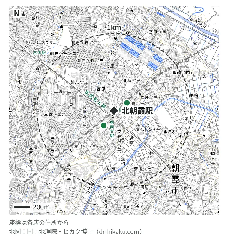 北朝霞駅周辺（1km以内）のiPhone修理店 2店の位置図：iPhoneお直し本舗 埼玉県朝霞台店 194m、iPhone修理アイサポ 朝霞台店 233m