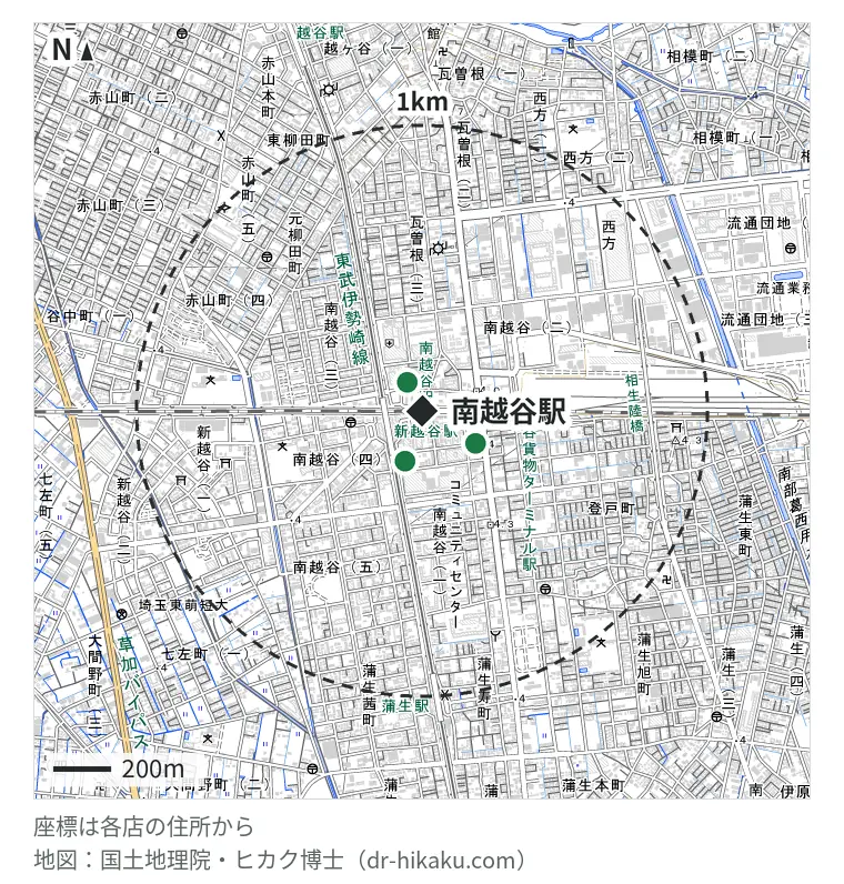 南越谷駅周辺（1km以内）のiPhone修理店 3店の位置図：MobileRepair 越谷店 112m、スマホスピタル テルル新越谷 184m、iCrackedStore 南越谷 218m