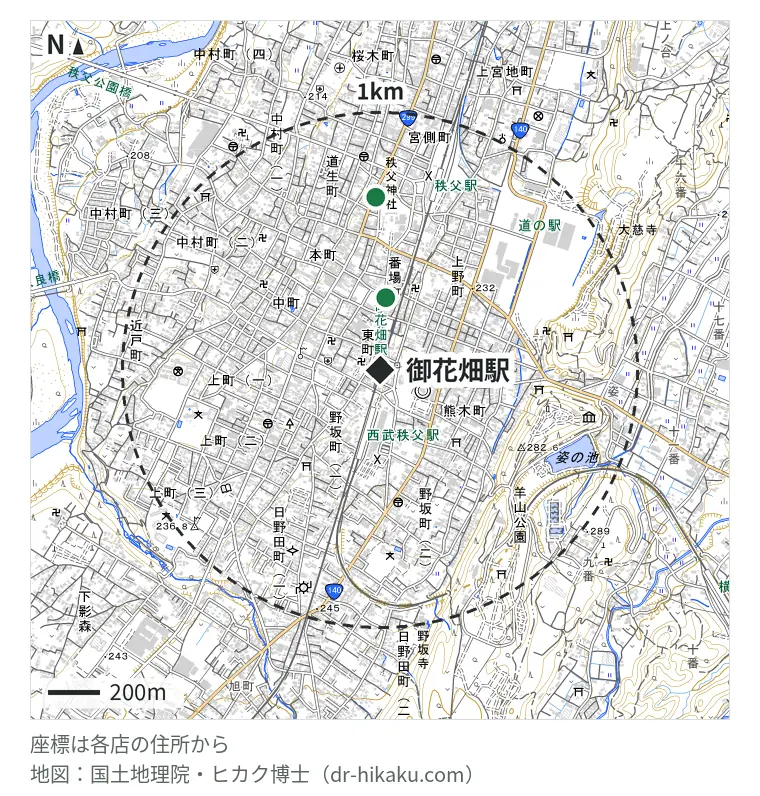 御花畑駅周辺（1km以内）のiPhone修理店 2店の位置図：iPhone即日修理屋さん 秩父店 279m、モバイル修理.jp 秩父店 667m