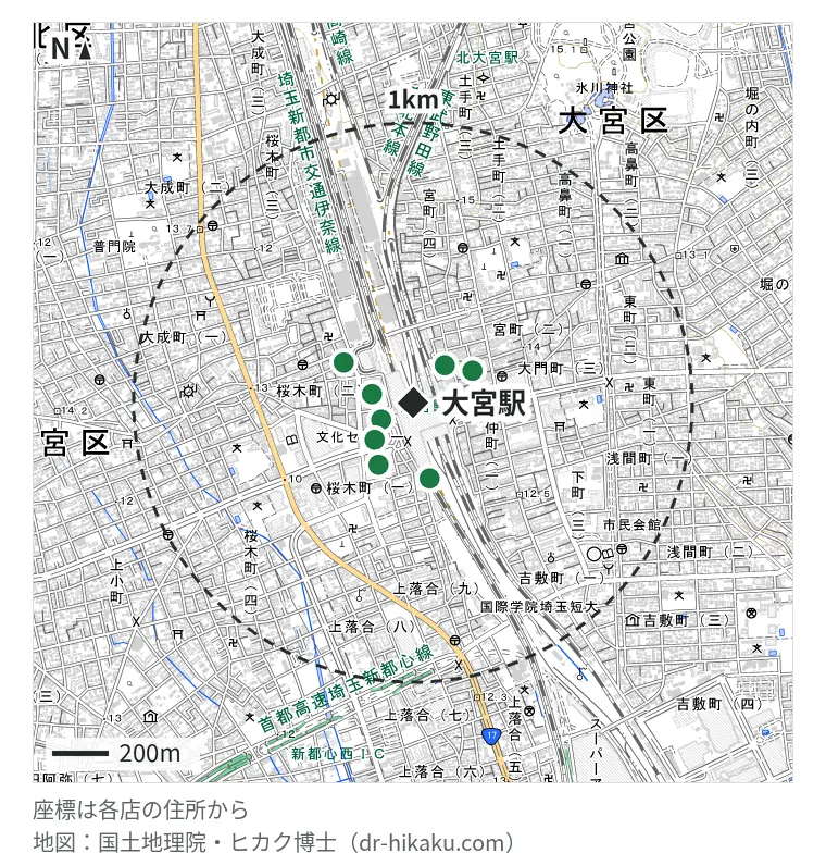 大宮駅周辺（1km以内）のiPhone修理店 10店の位置図：じゃんぱら 大宮東口店 41m、iPhone修理アイサポ 大宮アルシェ店 81m、iCrackedStore ハンズ大宮 99m、スマホスピタル 埼玉大宮店 130m、スマップル 大宮店 135m、スマホ修理工房 大宮店 144m、スマホ修理王 そごう大宮店 187m、クイックガレージ 大宮ロフト 191m、モバイル修理救急便 ルミネ大宮店 223m、スマイルファクトリー 大宮駅前店 268m