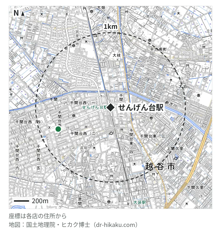 せんげん台駅周辺（1km以内）のiPhone修理店 2店の位置図：スマホ修理ジャパン 越谷せんげん台店 137m、スマホ修理工房 イオンせんげん台店 751m