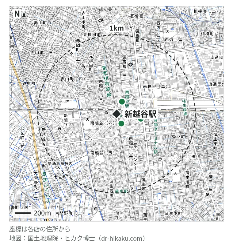 新越谷駅周辺（1km以内）のiPhone修理店 3店の位置図：スマホスピタル テルル新越谷 136m、MobileRepair 越谷店 168m、iCrackedStore 南越谷 312m