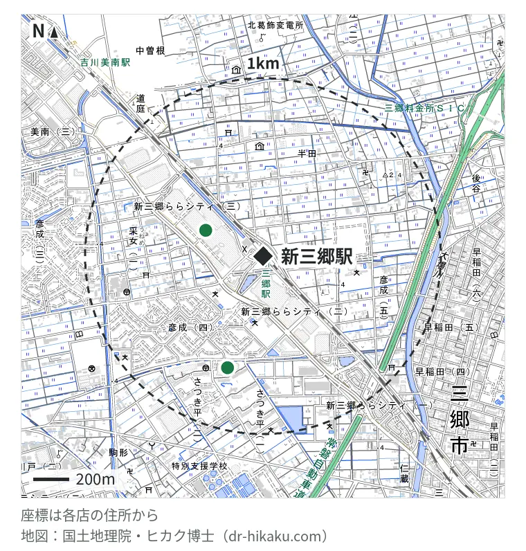 新三郷駅周辺（1km以内）のiPhone修理店 2店の位置図：スマプラ ららぽーと新三郷店 351m、スマホ修理のクイック 三郷店 655m