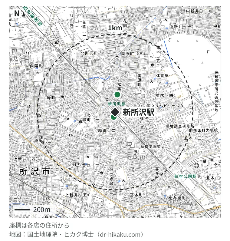新所沢駅周辺（1km以内）のiPhone修理店 2店の位置図：スマートファボ 新所沢店 66m、スマホ教室スマチャレ新所沢店 226m
