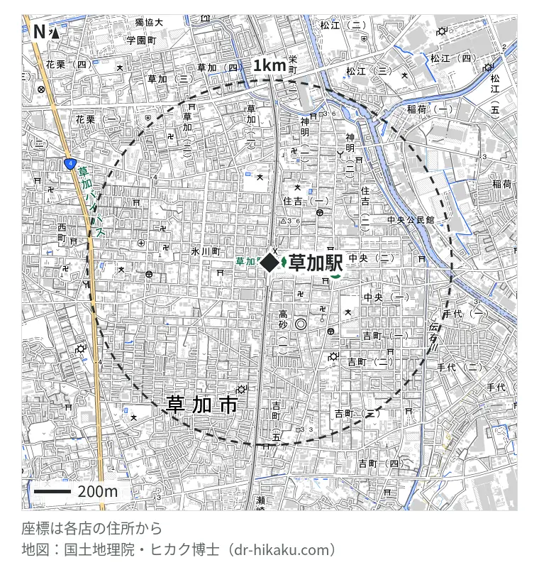 草加駅周辺（1km以内）のiPhone修理店 2店の位置図：スマホ修理工房 草加駅前店 99m、iFC iPhone診療所草加店 365m