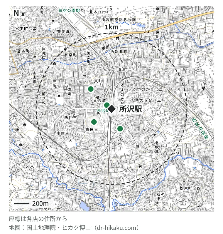 所沢駅周辺（1km以内）のiPhone修理店 4店の位置図：モバイル修理救急便 所沢駅前店 67m、iPhoneお直し本舗 埼玉県所沢店 276m、スマホクリニック エミテラス所沢店 288m、iCrackedStore 所沢トコトコスクエア 367m